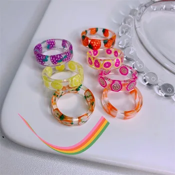 Bilandi Moda Bijuterii Coloful Rășină Inele Design Destul De Drăguț De Fructe De Imprimare Transparente Inele Rotunde Pentru Fata Doamna Cadouri De Partid