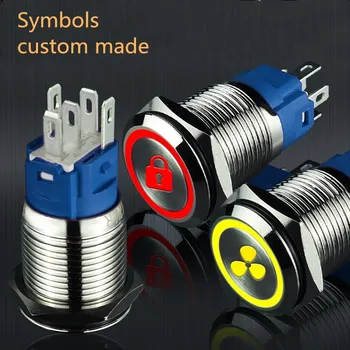 16mm 19mm 22mm metal comutator buton, din oțel inoxidabil, buton, cu lumina, auto-reset și de auto-blocare, simbol personalizat personalizate răpăit