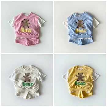 Un Copil coreean Copii Drăguț Urs Seturi de Îmbrăcăminte de Vară Băieți Fete de Moda Vesta Tricou Scurt Set 3pcs Seturi de Fete pentru Copii Haine