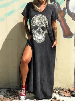 2021 Rochie De Vara Femei Casual Punk Pierde Maneci Scurte Craniu De Imprimare Rochie De Sex Feminin Streetwear Mare Parte Împărțit Flori De Sex Feminin Vestido