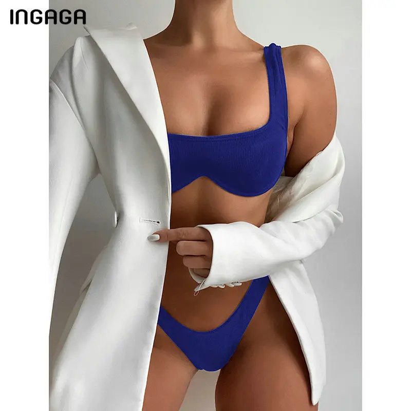 INGAGA Sexy Bikini cu dungi de Costume de baie Femei Costume de baie Push Up Costume de Baie Ridicat Piciorul Beachwear Solid Negru Biquini 2021 Noi