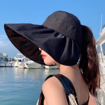 Palarie De Soare De Vară A Femeilor Coada De Cal Vizorul Margine Largă Protecție Uv Arc Plaja Pălăria Galbenă Doamnelor Palarie De Soare Doamnelor Pălării Capac Pliabil