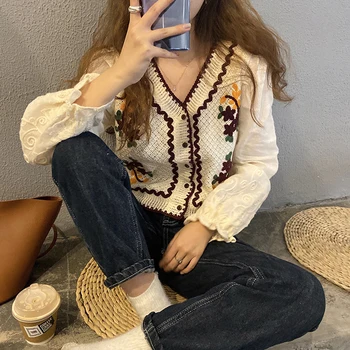 Tricouri Femei Broderie Vintage de Agrement V-gât Design Student de Moda Harakuju Kawaii Popular Retro Topuri coreeană Stil Feminin