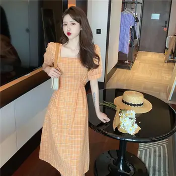 Scurt Mânecă Rochie Femei Vara Carouri Pătrat Guler Jumătatea vițel coreean Dulce Stil Vintage Elegant Licitație Excursie Casual Elegant Chic