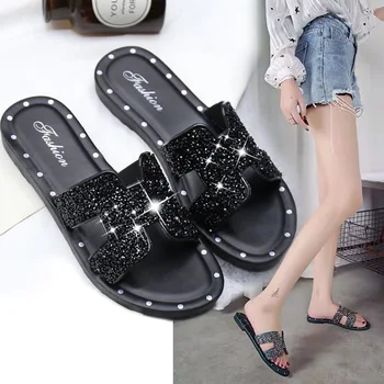 Vară strălucitoare papuci doamnelor flip flop fete ins stras slide-uri de femei pantofi plat negru papuci de plaja catâri