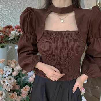 Kimotimo Camasa Bluza Femei Toamna Neagră Lungă Puff Sleeve Slim Gol Afară Topuri Sexy, Elegant, Moda Petrecere Blusas