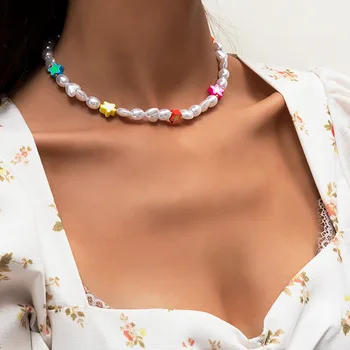 2021 Boho Nou Drăguț Lut Colorate Stele Imitație Pearl Colier Moda Goth Femei Lanț De Gât Cravată Colier Guler Bijuterii