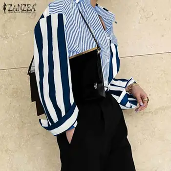 Primavara Casual Tricou Vrac Topuri ZANZEA Femei cu Maneci Lungi cu Dungi Imprimate Bluza Elegant Rever Lucru OL Combinezon Tricou Tunica Top