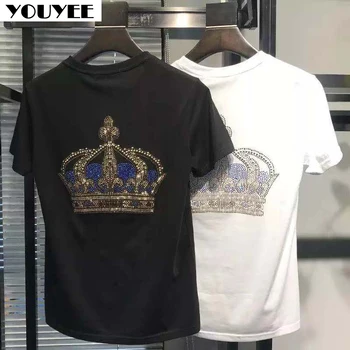 T-shirt pentru Bărbați Coroana Stras Slim Personalitate de Moda de Vara Tehnologie Grele Bumbac Mercerizat de Înaltă Calitate, de sex Masculin Top Haine
