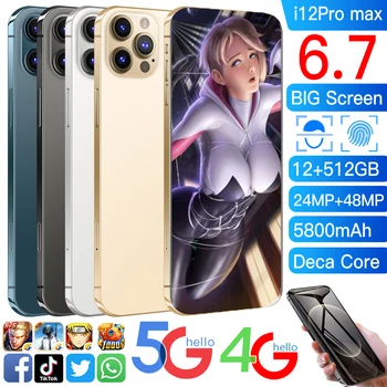 Telefon i12 Pro Max 6.7 inch Smartphone-uri 5800Mah Versiune Globală 48MP Android10 Dual Sim 12GB 512GB ROM MTK6889 Deca Core