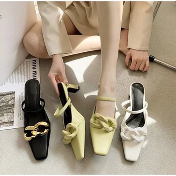 Femei Sandale Deget de la picior Pătrat Doamnelor Tocuri Înalte de Moda Lanț de Brand de Lux, Papuci, Pantofi de Vara Aluneca Pe PU Încălțăminte de Femeie Nou