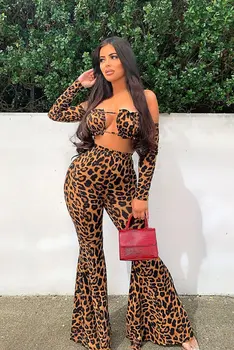 Sutien Sexy Leopard 2 Bucati de Seturi pentru Femei Clubwear fara Bretele pe umar descoperit Maneca Lunga Top de Cultură și de Lungă Flare Pantaloni de Vară 2021