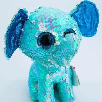 25 CM Ty Beanie Ochii Mari Strălucitoare Reversibile Sequin Elefant Albastru Mare Jucărie de Pluș Umplute de Animale Păpușă Băiat și Fată Ziua de nastere Cadou