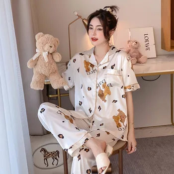 Vara, Pijamale pentru Femei Imitație de Mătase Rever Cardigan Subțire Vrac Stil de Servicii de Origine Fete cu mânecă Scurtă, Pantaloni de Costum din Două piese