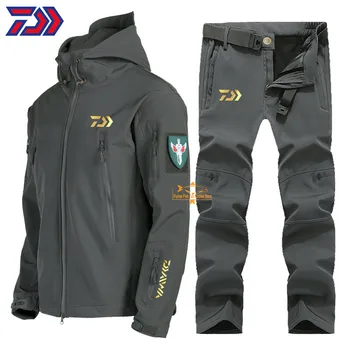 2021 DAIWA Iarna S-5XL Soft Shell Costume de Pescuit Cald Pantaloni Tactice de Vânt în aer liber, Jachete Impermeabile Barbati Gluga Haina+Pantalon