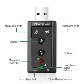 Extern USB AUDIO placa de SUNET ADAPTOR VIRTUAL 7.1 Ch USB 2.0 Microfon Difuzor Audio Microfon cu Căști de 3,5 mm Jack Convertor Negru