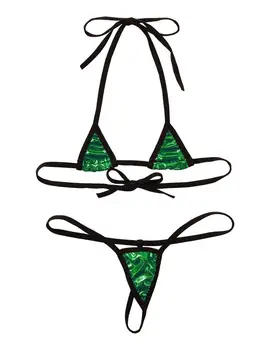 2 buc Femei Mini Bikini Set de Lenjerie Erotic Metalic Strălucitor Ștreangul de Gât Cravată-pe Sutien Top cu G-String Tanga, Boxeri Lenjerie