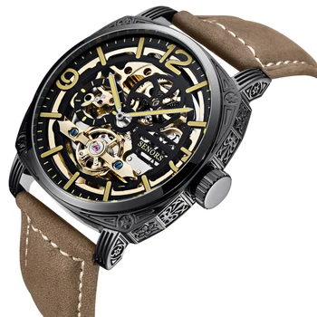 Automată 3d Design Gol Gravură de Aur Negru din Piele de Caz Schelet Ceasuri Mecanice Barbati Brand de Lux Heren Horloge