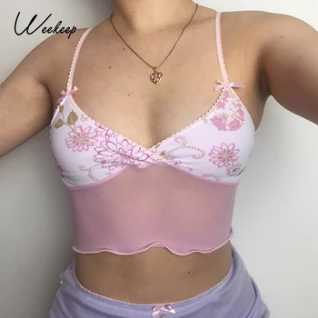 Weekeep Pink Lace Patchwork Sexy Camisole Women V Neck Y2K Backless Crop Tops Sleeveless Summer Aesthetic Vintage Camis Tee 2021