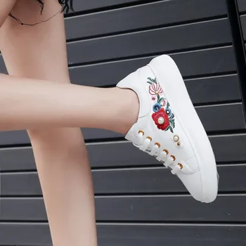 Femei Adidași 2019 Moda Floare Breathble Vulcanizat Pantofi din Piele Platforma Dantela-up Casual, tv cu Adidași de culoare Albă