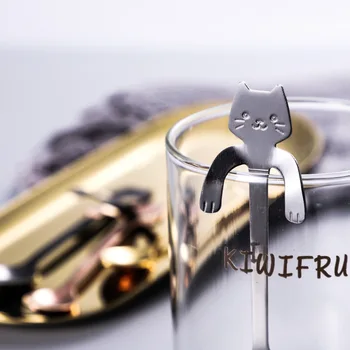 1buc Oțel Inoxidabil Pisica în Formă de Lingură de Cafea Lingurita Copii Lingura Nou Frumos 5 Culori de Cafea Lingura de Ceai de Băut Instrument