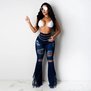 Femei De Moda Spălat Flare Jeans 2021 Primăvară Talie Mare, Cu Ciucure Sexy Gol Afară Bell Jos Toate Se Potrivesc Blugi De Înaltă Calitate