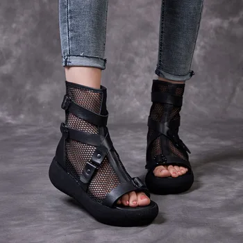 DRKANOL Sandale lucrate Manual pentru Femei În 2021 Pantofi de Vara din Piele Aer ochiurilor de Plasă de Deget de la picior Deschis Pene Platformă Modernă de Sandale Gladiator