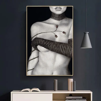 Alb Și negru Figura Postere si Printuri Sexy Nud de Fata cu Flori de Panza Pictura Arta Abstract Imagini de Perete pentru Camera de zi