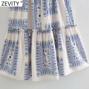Zevity Femei Vintage Square Guler Albastru Porțelan Alb de Imprimare Încreți Volane Rochie Midi de sex Feminin Puff Maneca Kimono Vestido DS8159