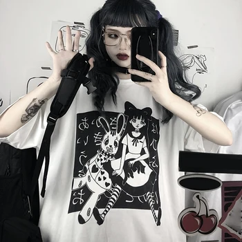 Femei T-Shirt Harajuku Estetice Vara Vrac Supradimensionat Teuri Gotice Punk Desene Animate Cu Maneci Scurte O-Gât Topuri