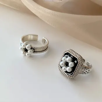 Glazura Negru Pătrat Pearl Floare De Deschidere Inel Vintage Elegant Stil Palat Degetul Arătător Ring Pentru Femei Bijuterii