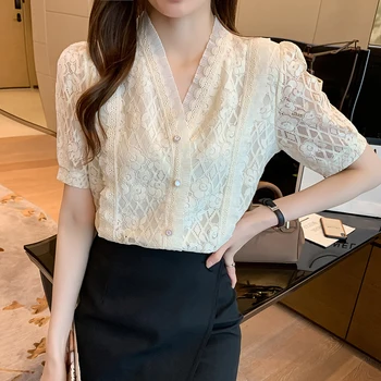 Vara Coreean Dantela Pentru Femei Cămăși Pentru Femei Maneca Scurta Bluza Femei Șifon Bluza Bluze Office Lady Cămașă Albă Topuri Negre