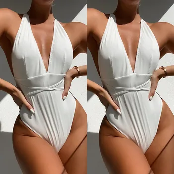 2021 NOUA Culoare Solidă Bikini Femei Costume de baie Alb V Gât O Bucată de costume de Baie Feminine face baie Costum de Baie Cu Centura de Push-Up Monokini