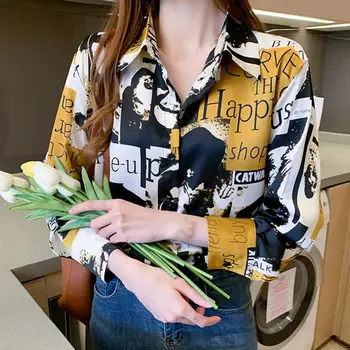 2021 Primavara Toamna Femei Tricouri Bluze Largi, Cu Maneci Lungi Floare Tricou Lăbărțat Scrisori De Imprimare Butoane Șifon Cămașă Bluză