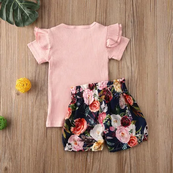 Nouă Copii Copilul Fetita Vară Florale Haine 2 BUC tricou+pantaloni Scurți Volane Fete Haine Set Sunsuit