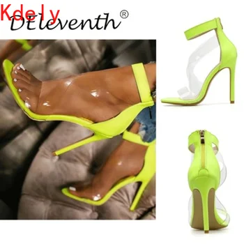 11CM Bine Tocuri Femeie Sandale Sexy si Damele de Lumină Verde Transparent Eco-legat Pantofi Deget de la picior Deschis cu Fermoar Spate Femei Pompe de Moda