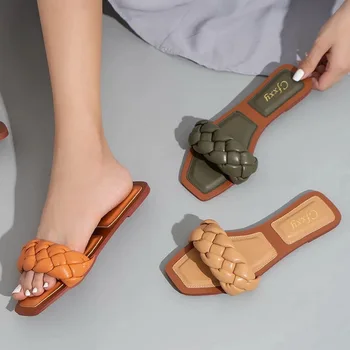 2021 Țesute Papuci Femei Alunece Pe Tobogane Brand De Moda Square Toe Din Piele Sandale Plate De Sex Feminin Casual În Aer Liber Papuci Flip-Flops
