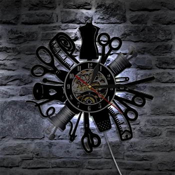 Croitor-Croitoreasă Semn disc de Vinil Ceas de Perete Mașină de Cusut, Quilting Instrumente Ceas de Perete cu Baterie Lampă cu LED-uri de Decor Acasă