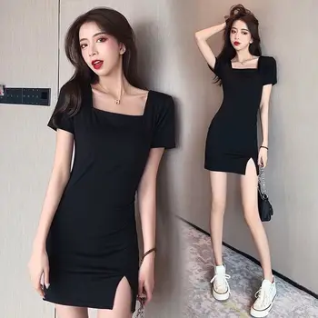 Sexy Teaca Femei Rochie Mini Square Guler Negru Rochii De Partid Vestido De Mujer Split Rochii De Vara Femei 2021 Rochie Coreeană