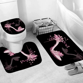 Tocuri inalte de culoare roz Model Set de perdele Baie Negru Perdele de Dus cu Cârlige Non-Alunecare de Covoare Capacul de Toaletă Covoraș de Baie Set Covor