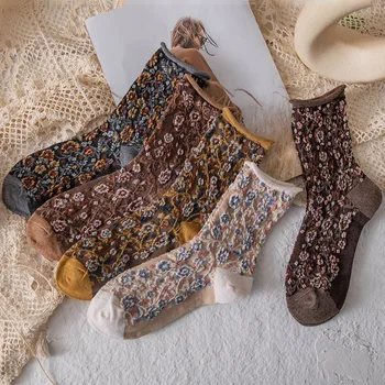 Femei Vintage Florale Mediu Ciorapi Stil Național de Primăvară de Toamnă Bumbac Buclat Marginea Cutat Flori Doamnelor Casual Șosete Lungi