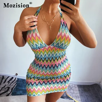 Mozision Mozaic Stripe Halter Rochie de seara Pentru Femei Y2K Vară fără Mâneci Rochii Mini Sexy pe Plajă Feminin Rochie de Petrecere