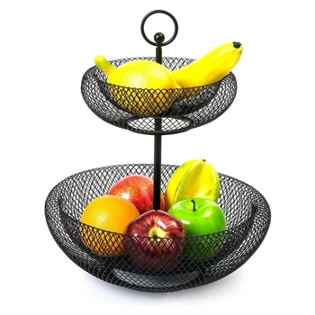2-Tier Coș cu Fructe,Sârmă fructiere Titular,Fructe Decorative Coș,Kintchen de Depozitare Coș pentru Gustări Legume,Negru