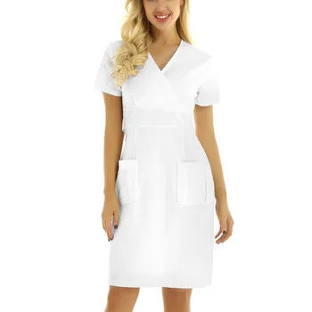 Asistenta înger rochii Femei Casual Short Sleeve V-neck Solid de Lucru Uniformă Solid Buzunar Rochie sukienka damska haine de Femei