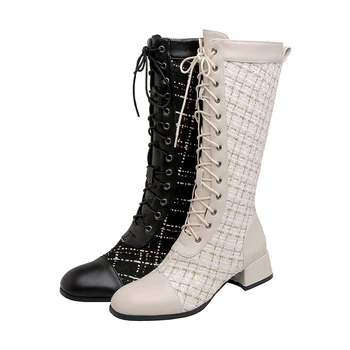Stil Casual rotund deget de la picior la genunchi cizme înalte de tricotat dungi dantelă-up negru caise mediu cu o grosime de cizme, pantofi pentru femei