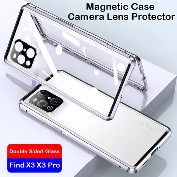 Coque 360 Full Caz Magnetic Pentru OPPO find X3 X3 Pro K9 Reno 6 Caz de Metal din Aluminiu Bara de protectie din Sticla Temperata Camera Protector de Acoperire