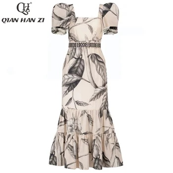 Qian Han Zi Pistă de Moda Bumbac Rochie de Vara 2021 Elegant frunze de imprimare slim vintage rochie midi Rochii pentru femei