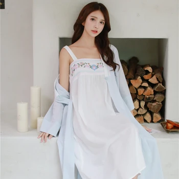 Halat, camasa de noapte Fata de Femei Pijamale Broderie Robă Lungă Chineză stil retro Halat Set