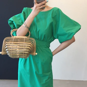 GALCAUR Verde Rochie Pentru Femei O de Gât Puf de Jumătate Maneca Talie Mare Mozaic Bowknot Dantelă Sus Split Mijlocul Rochii de sex Feminin 2021 Haine