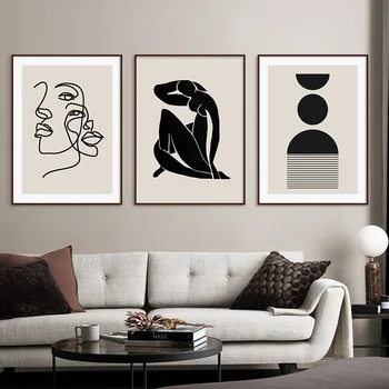 Trendy Abstract Creative Minimalist Linie Negru Bej Arta de Perete Panza Pictura Poster Imprimare Imagini pentru Living Decor Acasă